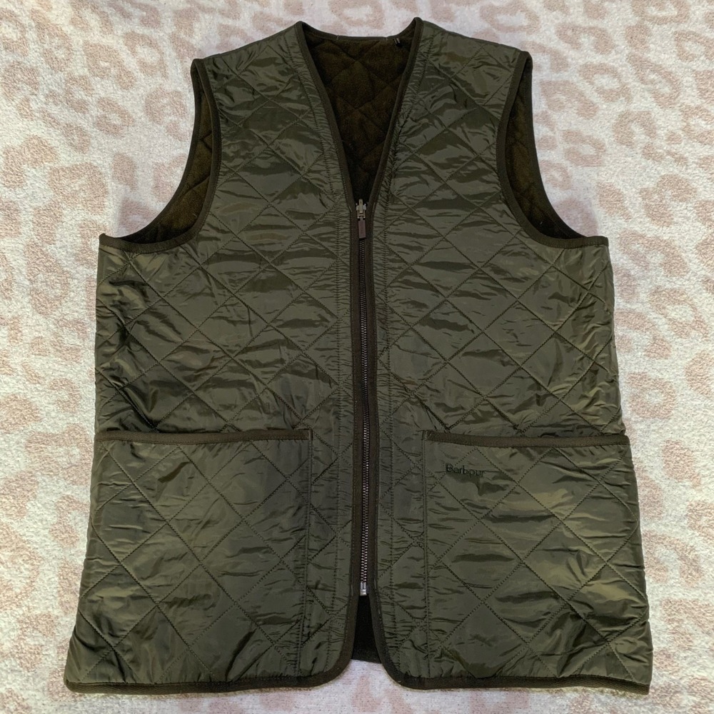 Barbour Quilted Vest Olive Green Fleece Lined Full Zip Pockets Mens Size M